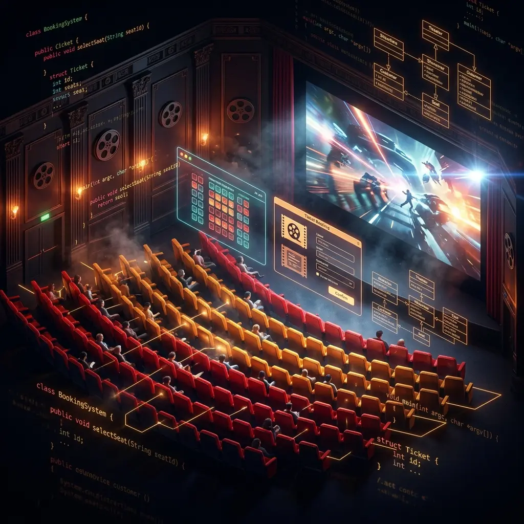 Movie Booking System with cinematic theater seat selection interface built in Java and C